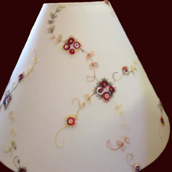 Vtg Off White Large Hurricane lampshade pair of delicate red flowers & green vin - Picture 13 of 16